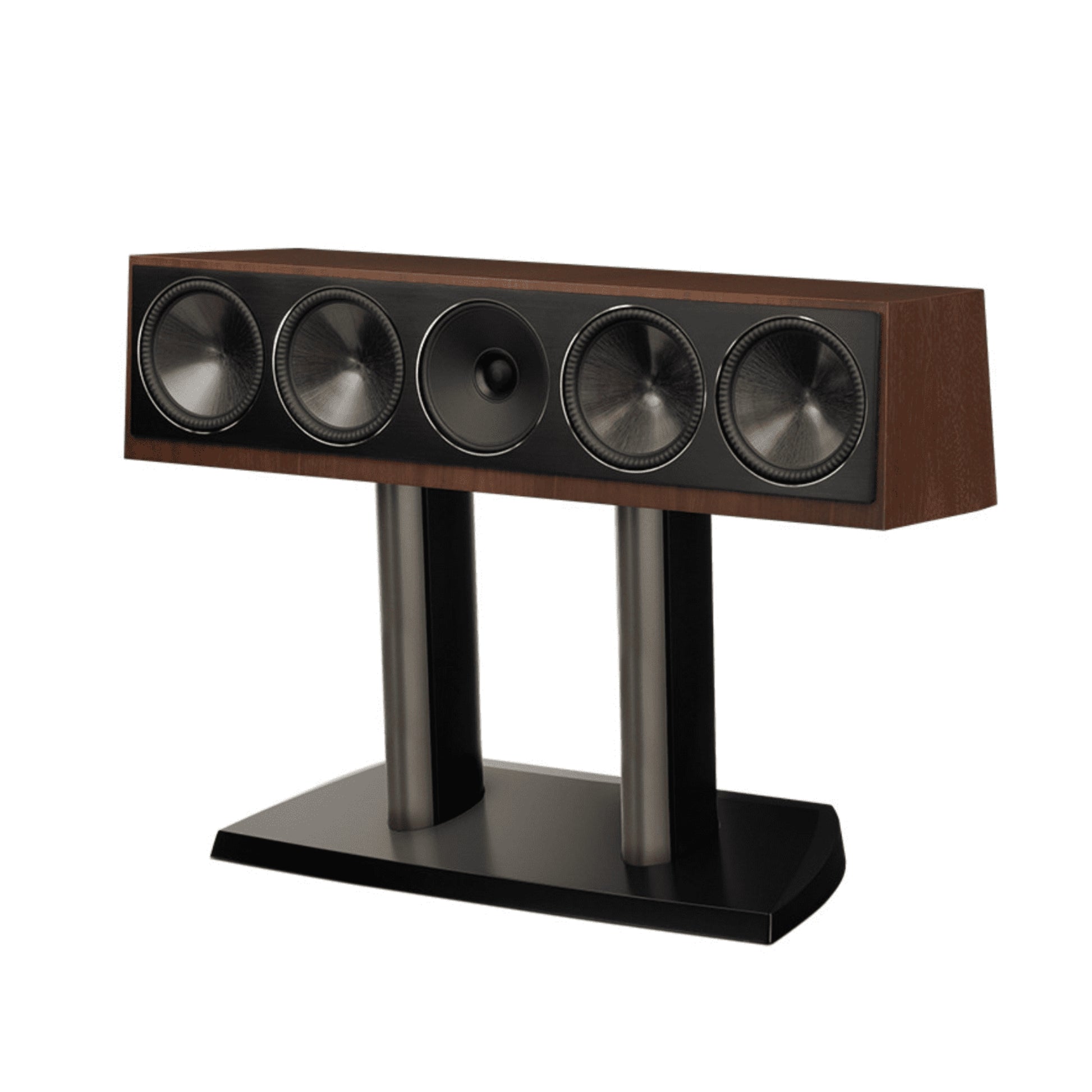 Center channel speaker with wooden finish and black components on a white background