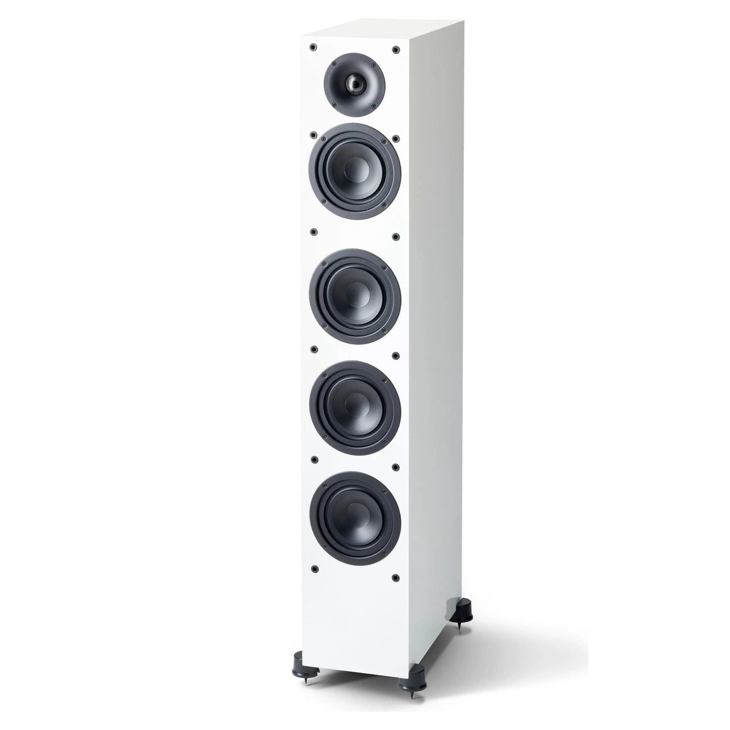 White floor-standing speaker with multiple speakers on a white background