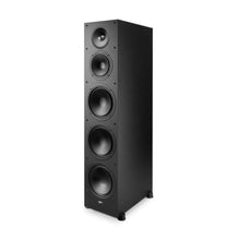 Black floor-standing speaker on a white background