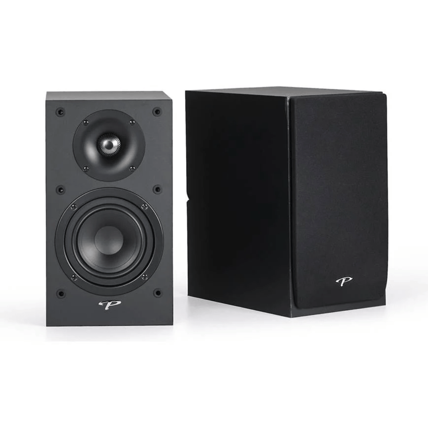 pair of black paradigm monitor see bookshelf speakers