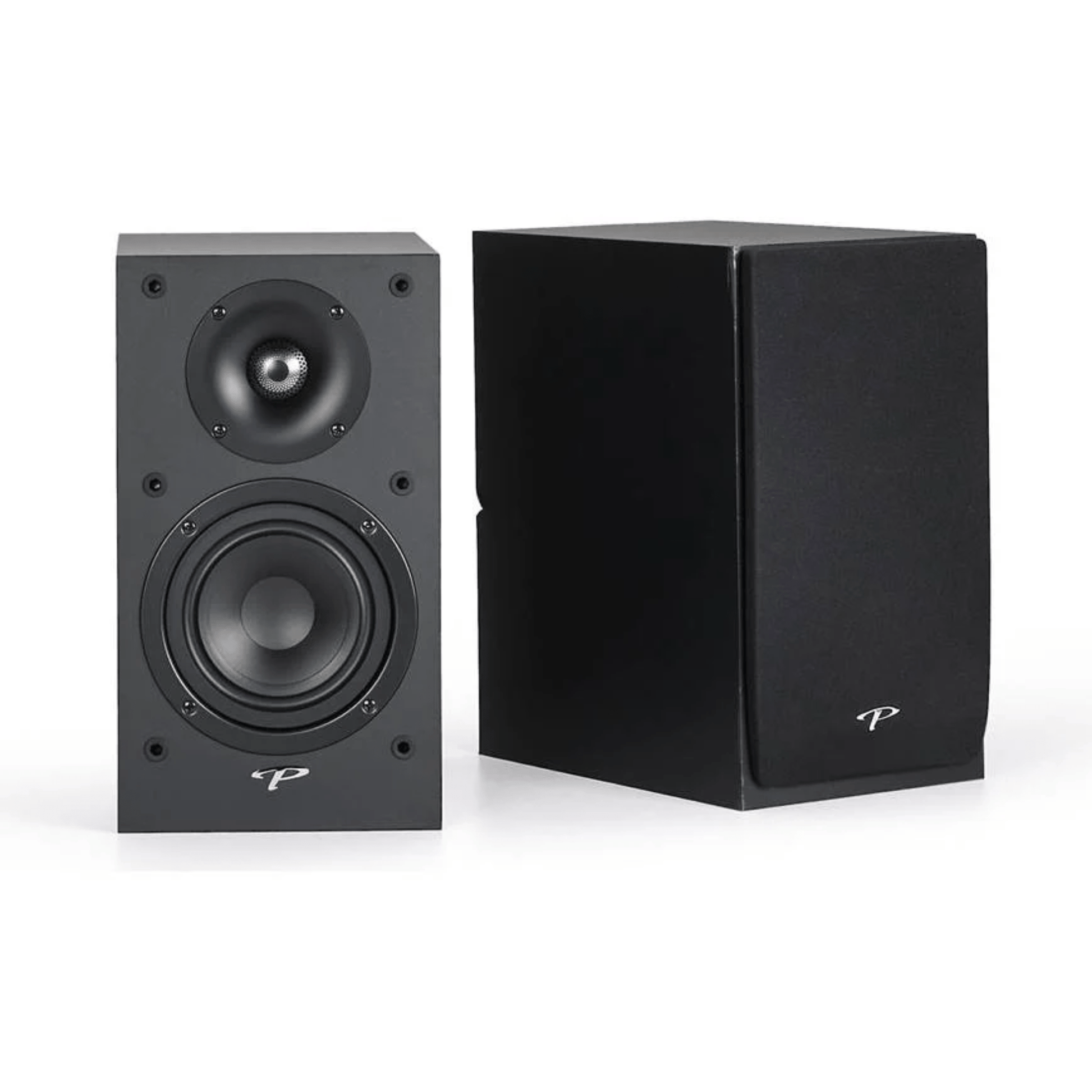pair of black paradigm monitor see bookshelf speakers