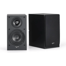pair of black paradigm monitor see bookshelf speakers
