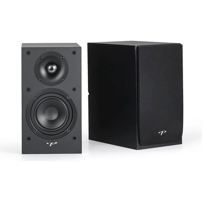 pair of black paradigm monitor see bookshelf speakers