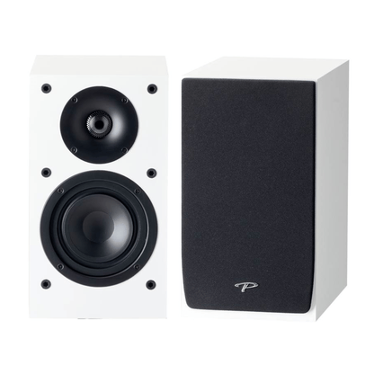 pair of paradigm monitor se atom bookshelf speakers in white