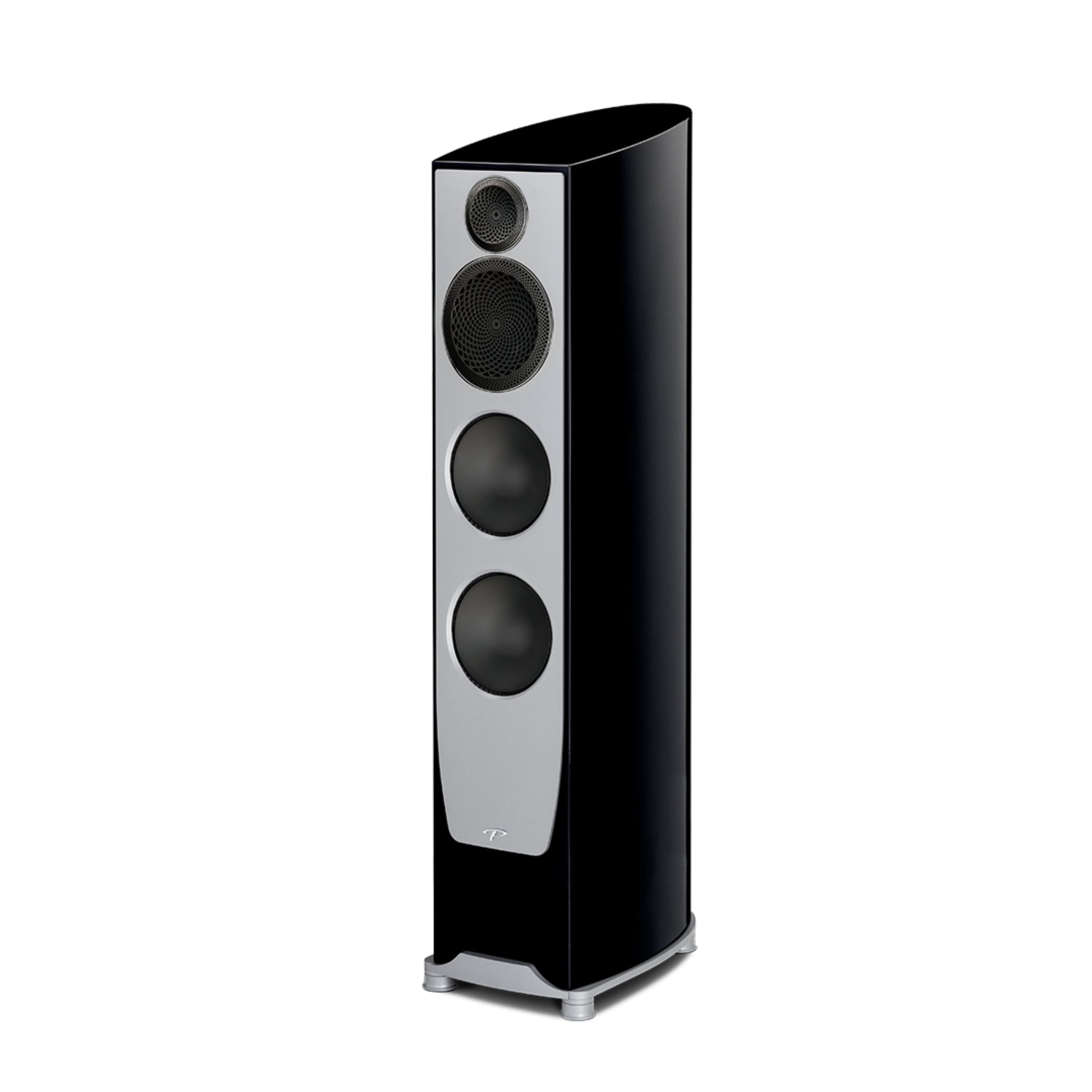 Black and silver floor-standing speaker on a white background