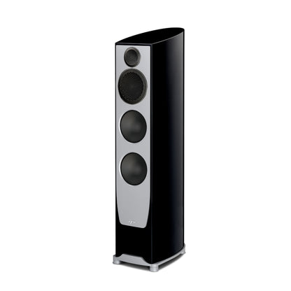 Black and silver floor-standing speaker on a white background