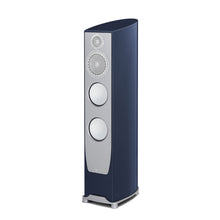 Blue floor-standing speaker with silver accents on a white background
