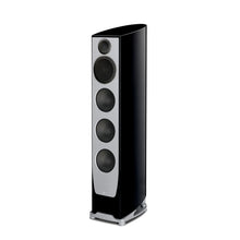 Black and silver floor-standing speaker on a white background