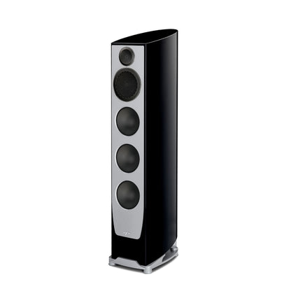 Black and silver floor-standing speaker on a white background