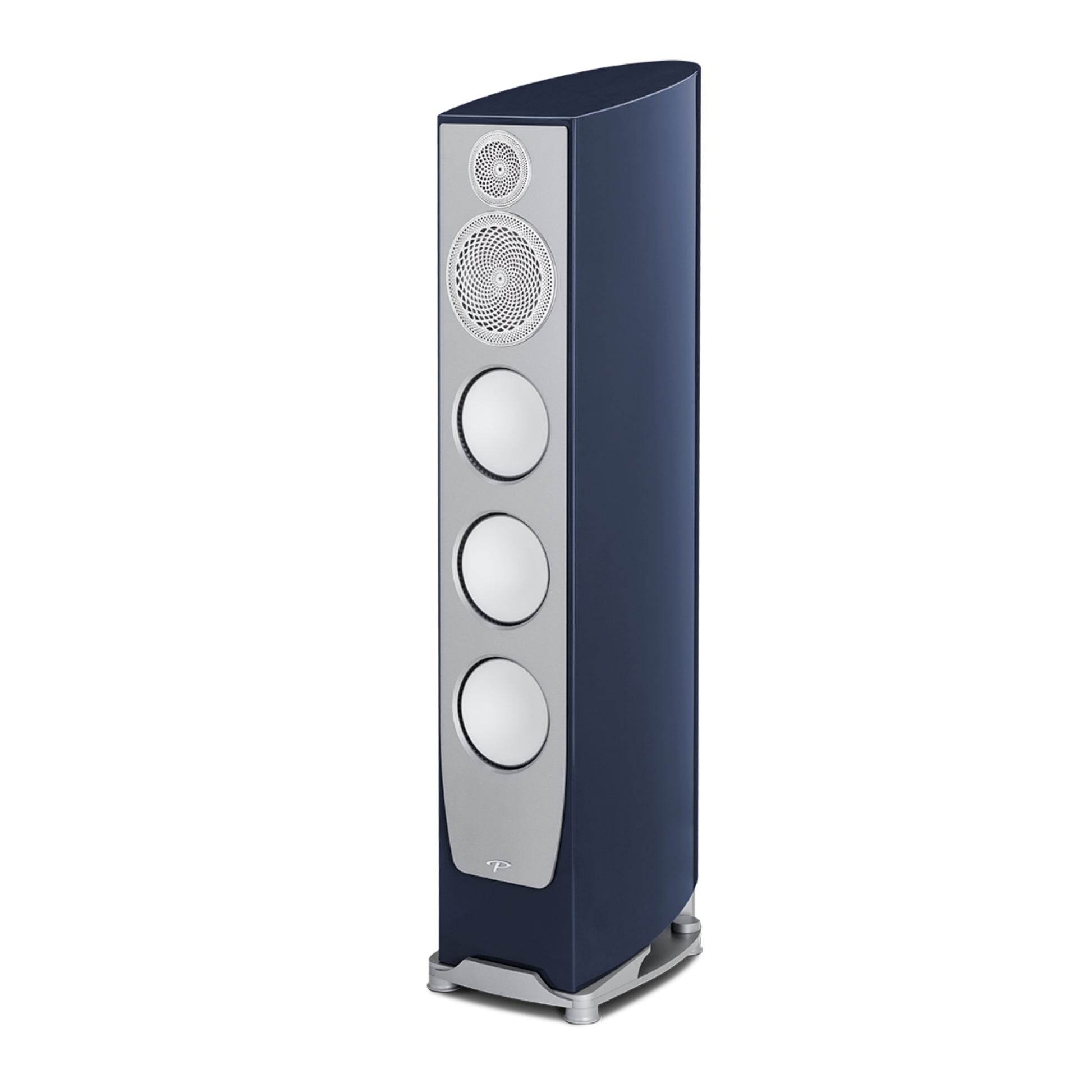 Blue floor-standing speaker on a white background
