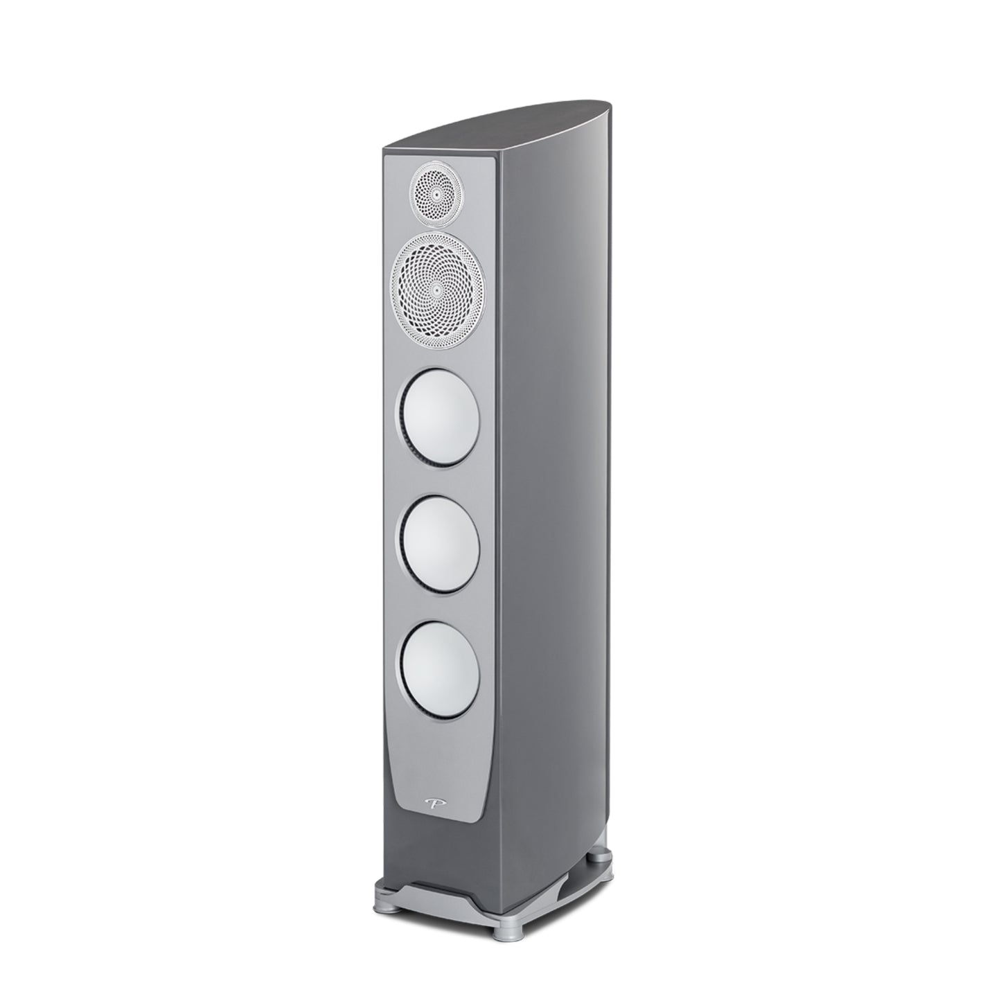 Gray floor-standing speaker on a white background