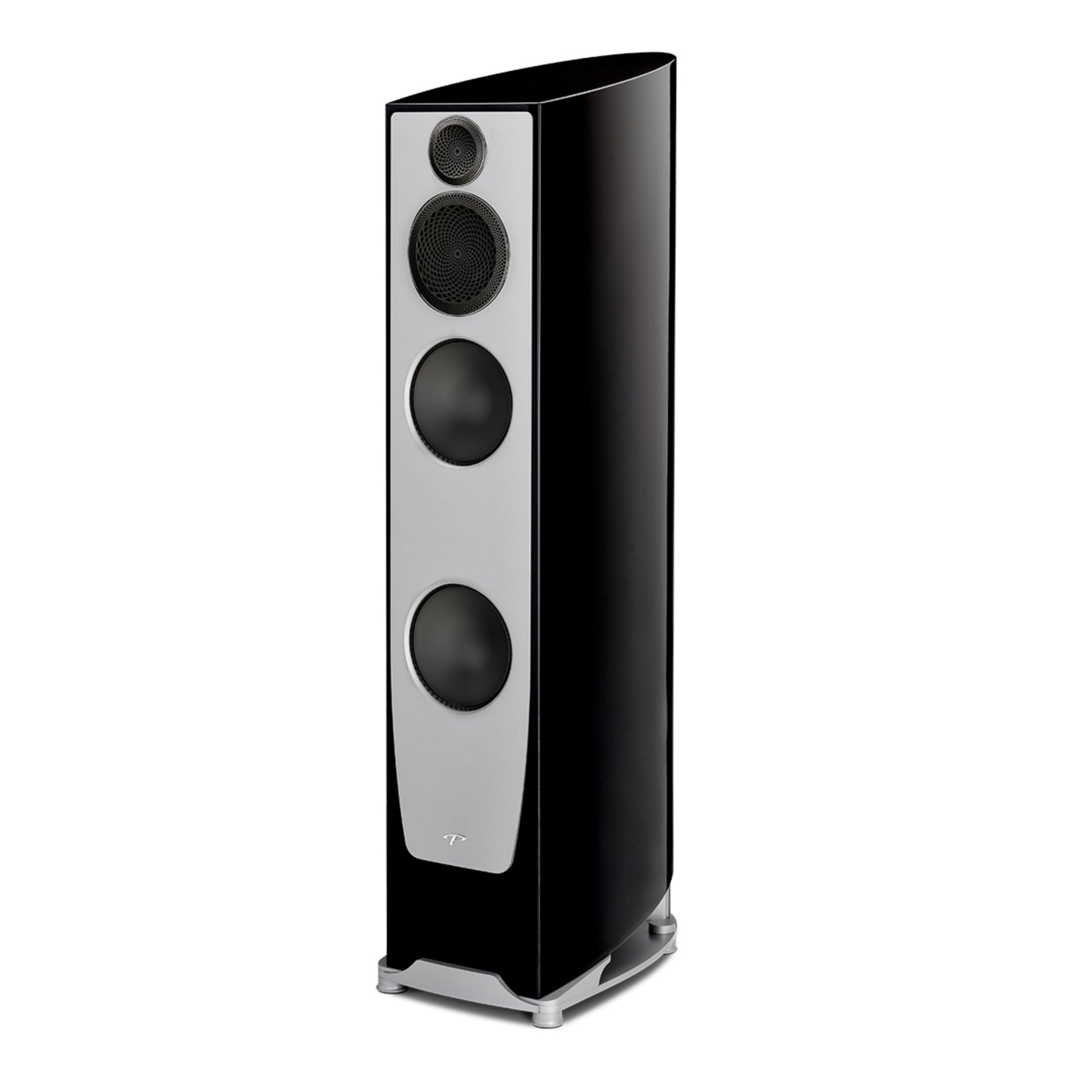 Black and silver floor-standing speaker on a white background