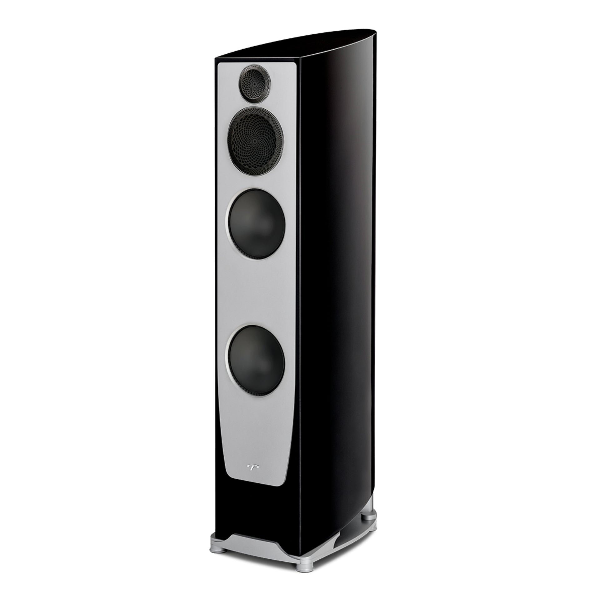 Black and silver floor-standing speaker on a white background