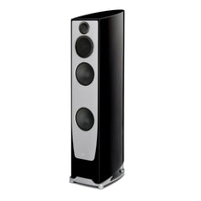 Black and silver floor-standing speaker on a white background