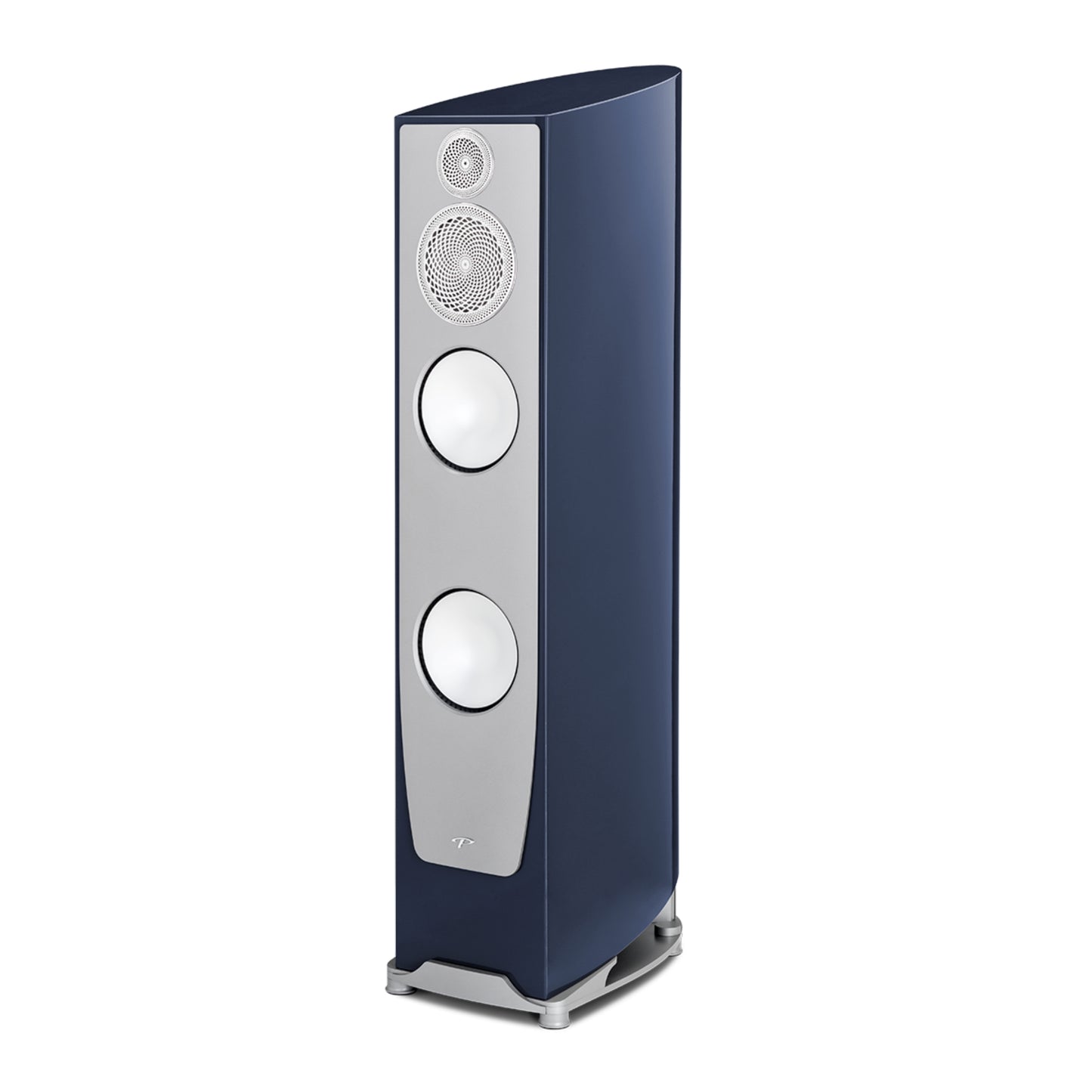 Blue and silver floor-standing speaker on a white background