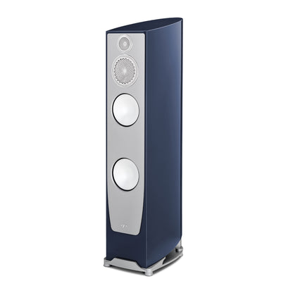 Blue and silver floor-standing speaker on a white background