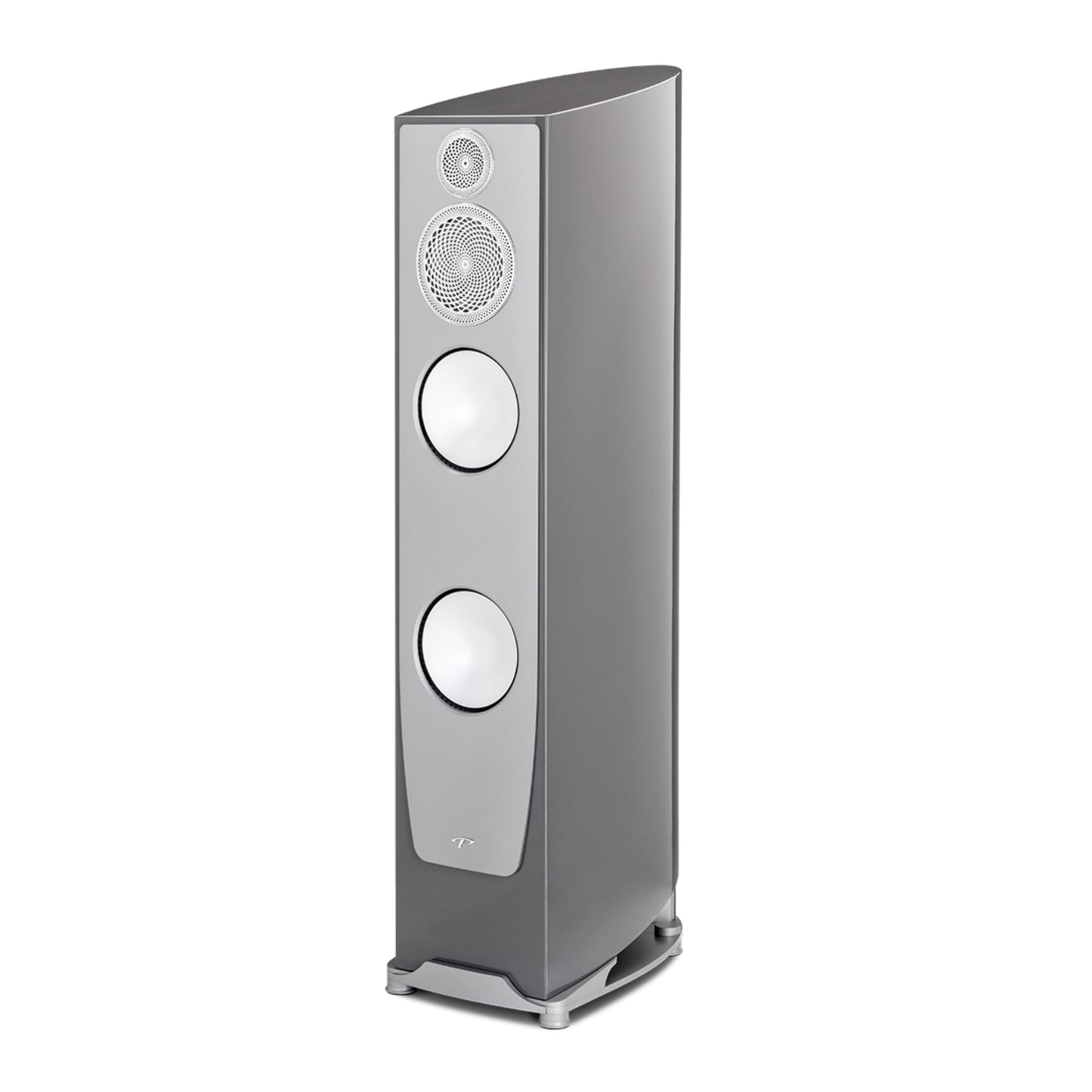 Silver floor-standing speaker on a white background