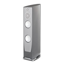 Silver floor-standing speaker on a white background