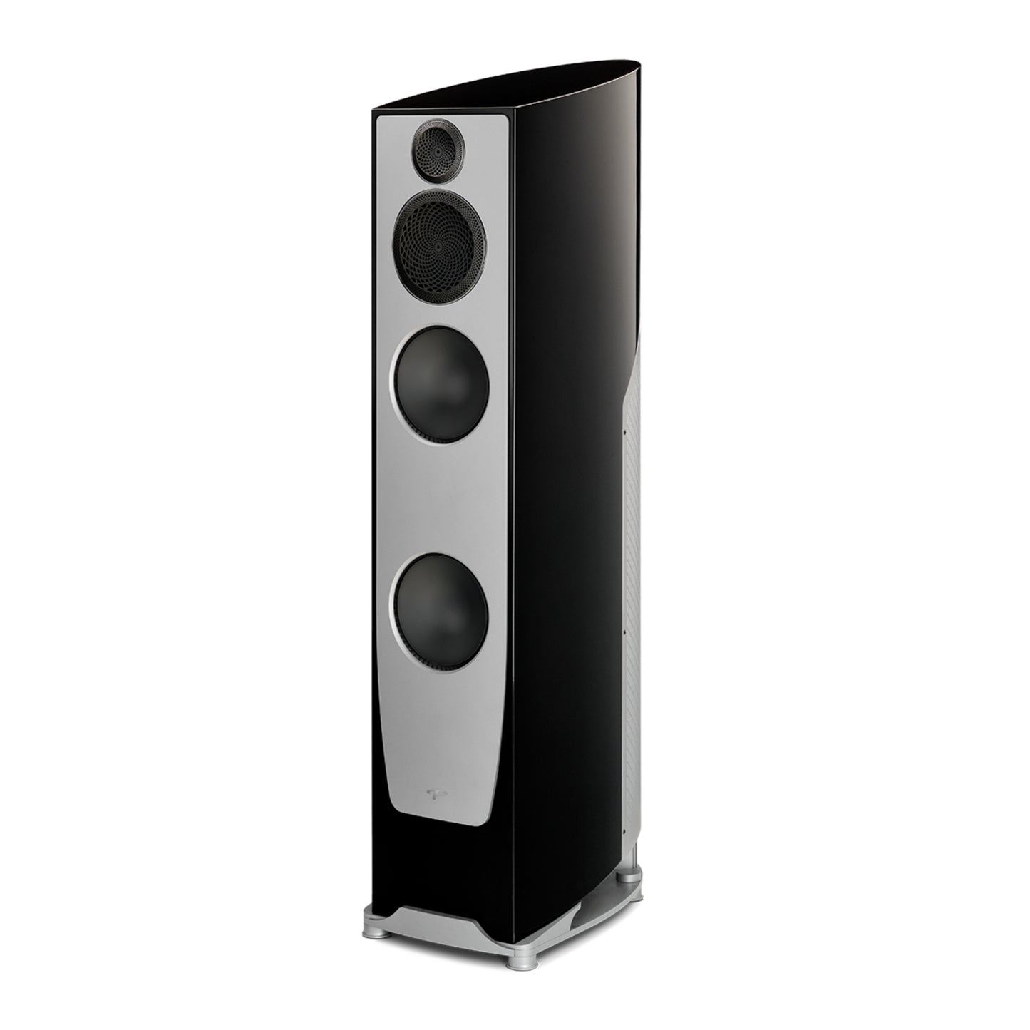 Black floor-standing speaker on a white background