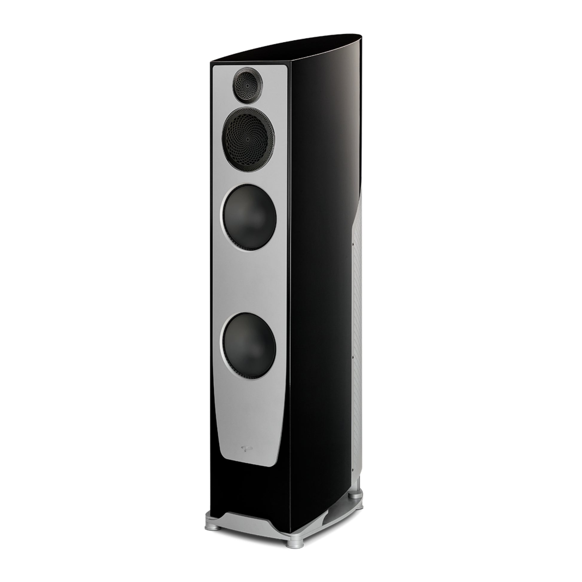 Black floor-standing speaker on a white background