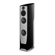 Black floor-standing speaker on a white background