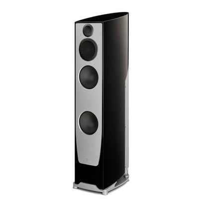 Black floor-standing speaker on a white background