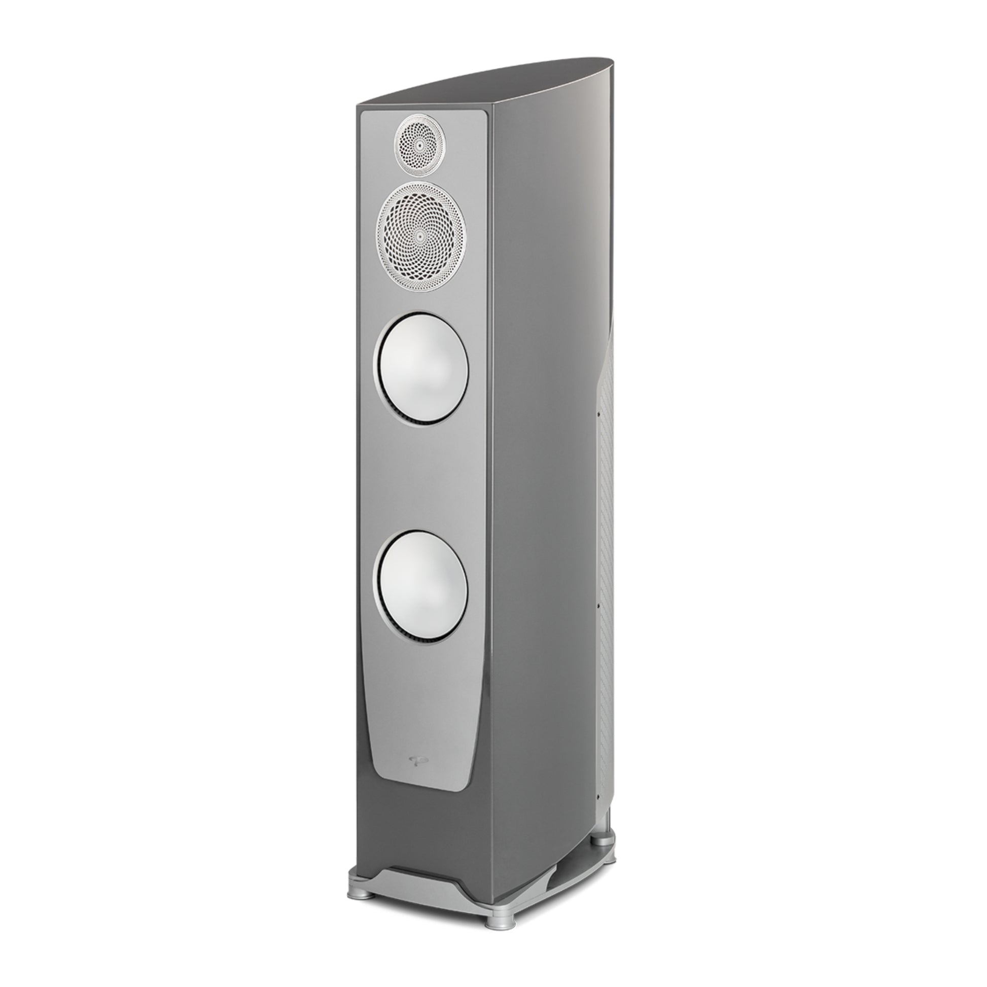 Gray floor-standing speaker on a white background