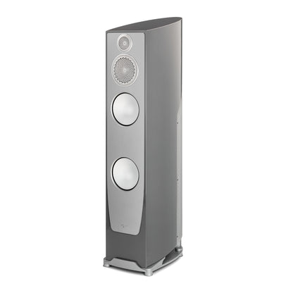 Gray floor-standing speaker on a white background