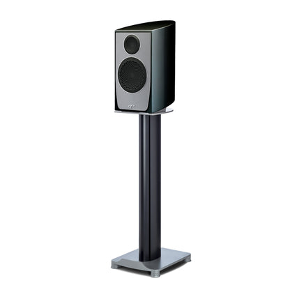 Black speaker on a stand against a white background