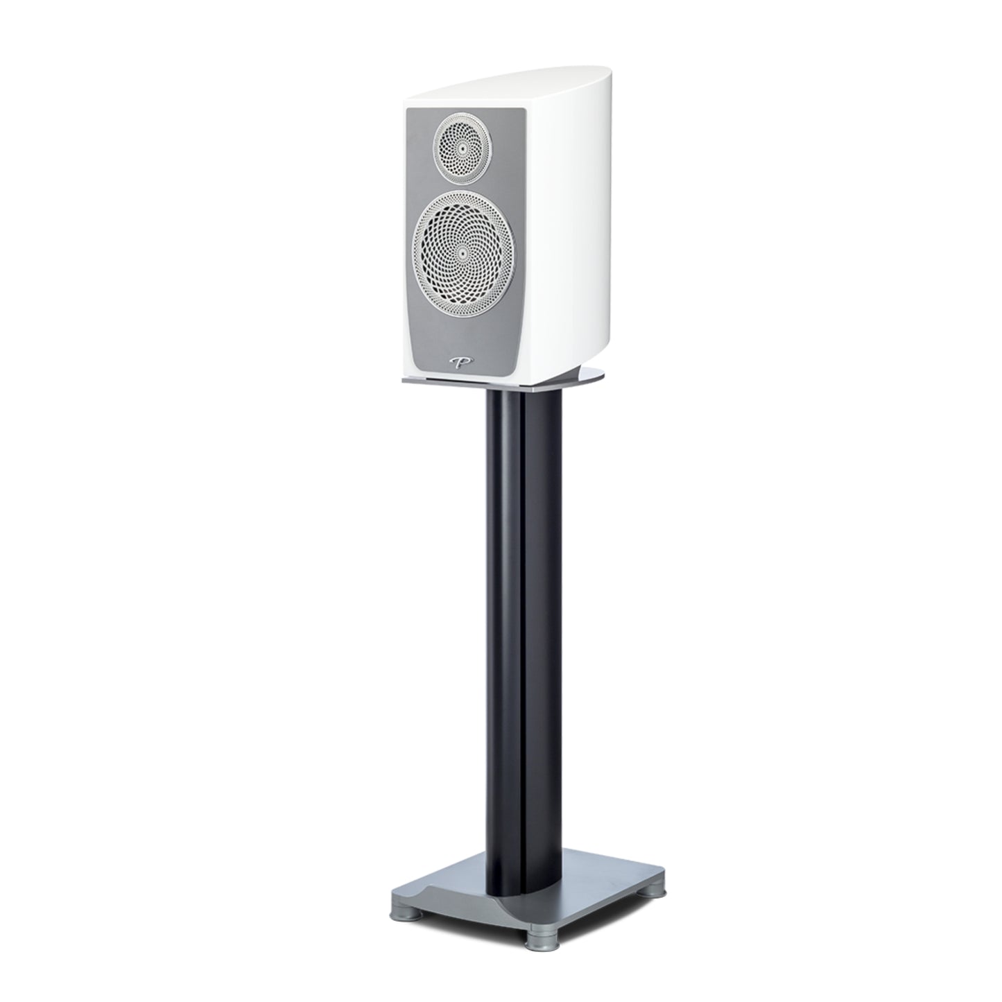 White speaker on a black stand against a white background