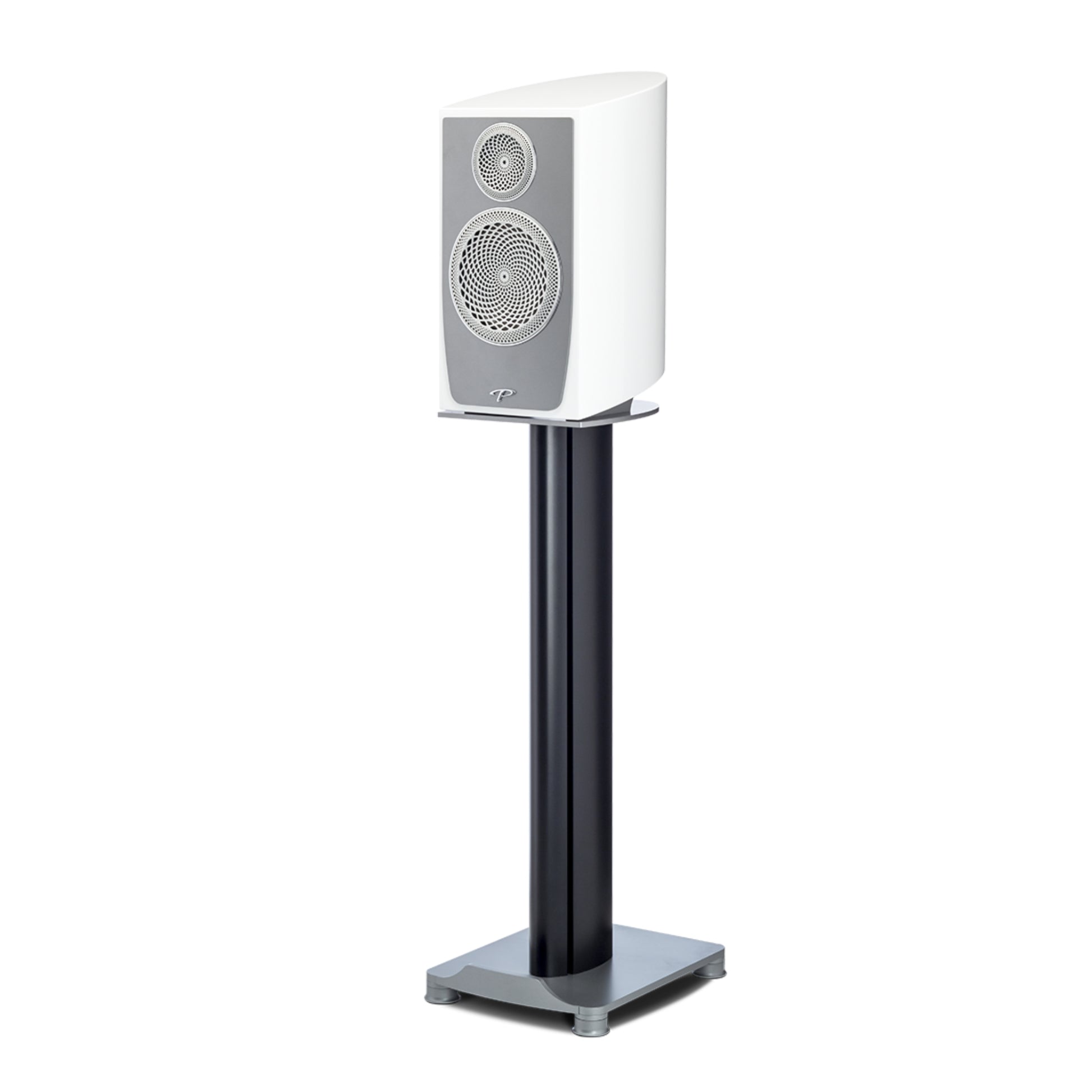 White speaker on a black stand against a white background