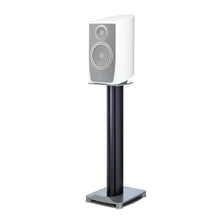 White speaker on a black stand against a white background