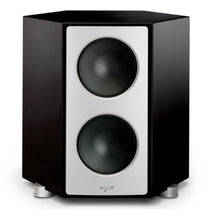 Black and silver speaker on a white background