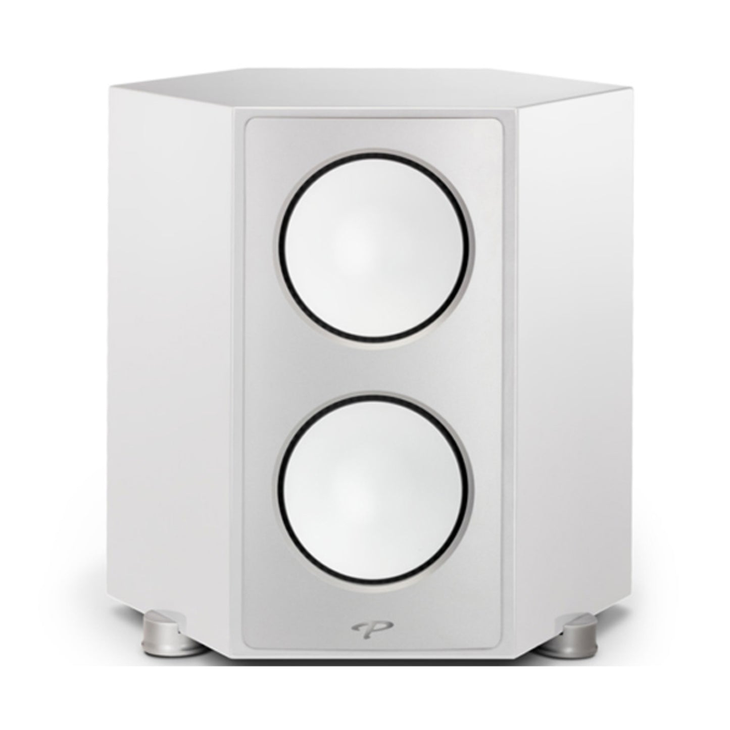 White speaker with two circular drivers on a white background