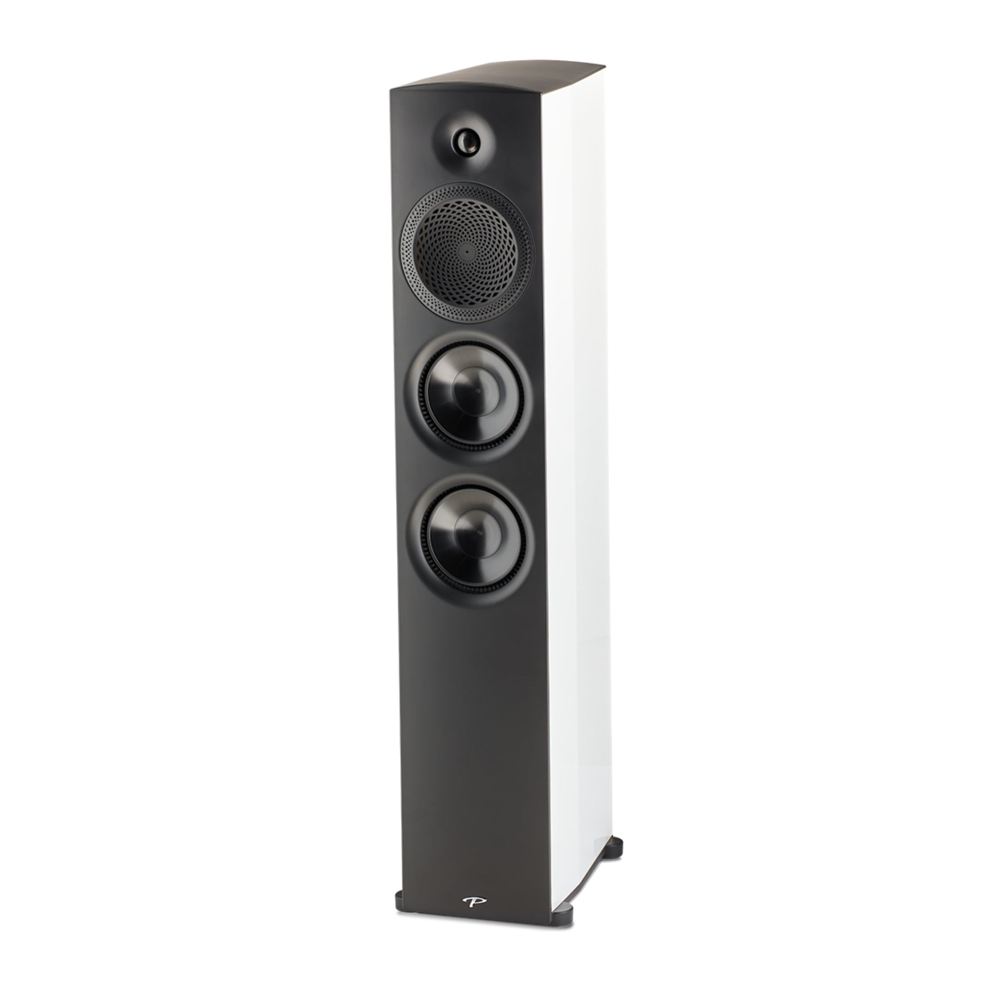Black and white floor-standing speaker on a white background