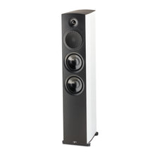 Black and white floor-standing speaker on a white background