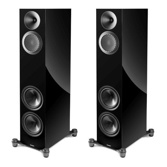 black pair of paradigm premier v2 820f floorstanding speakers