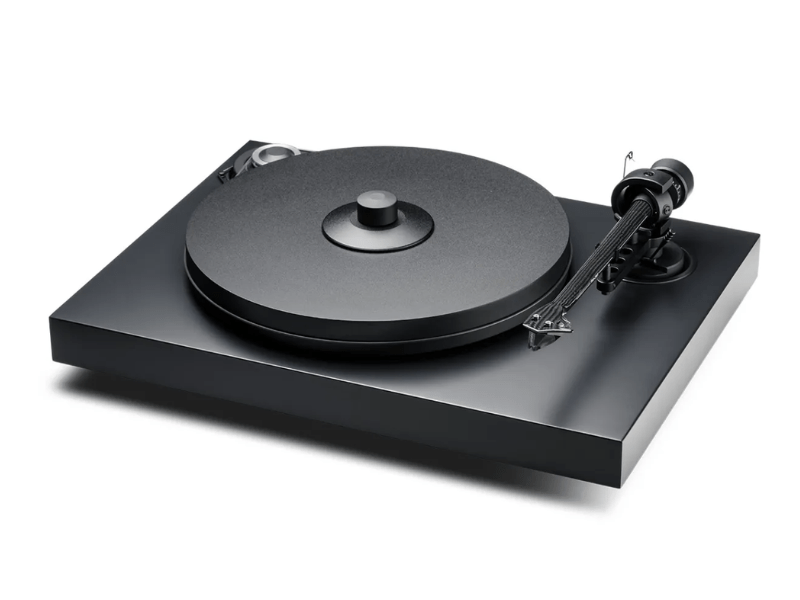Black turntable on a white background