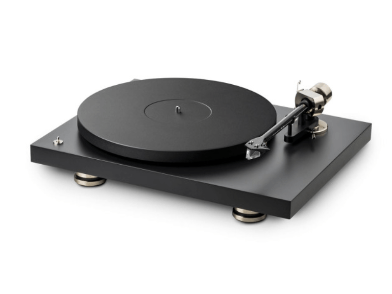 Black turntable on a white background