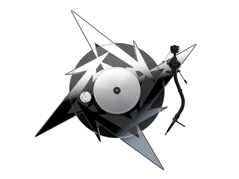 Black and white illustration of a vinyl record player with abstract design elements on a white background