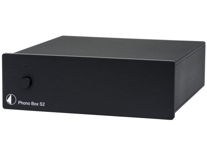 Black audio component with 'Phono Box S2' branding on a white background