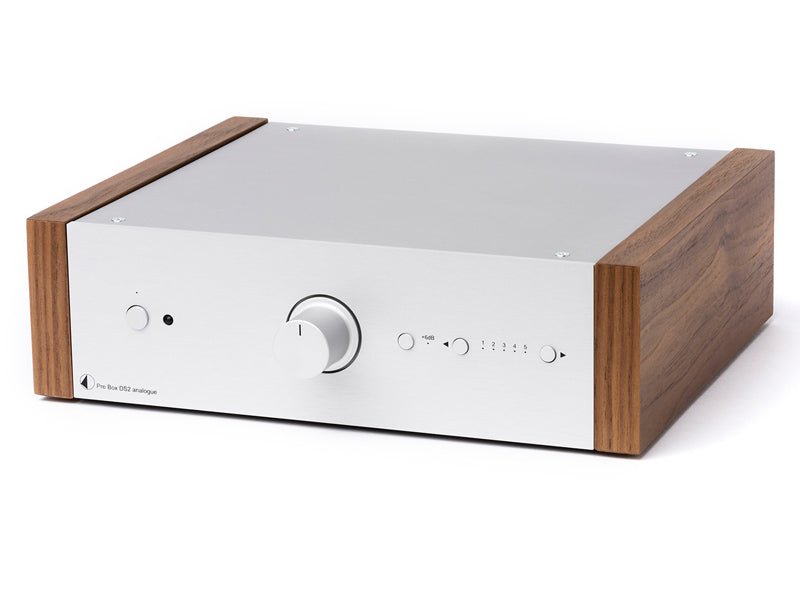 Audio amplifier with wooden and metallic design on a white background
