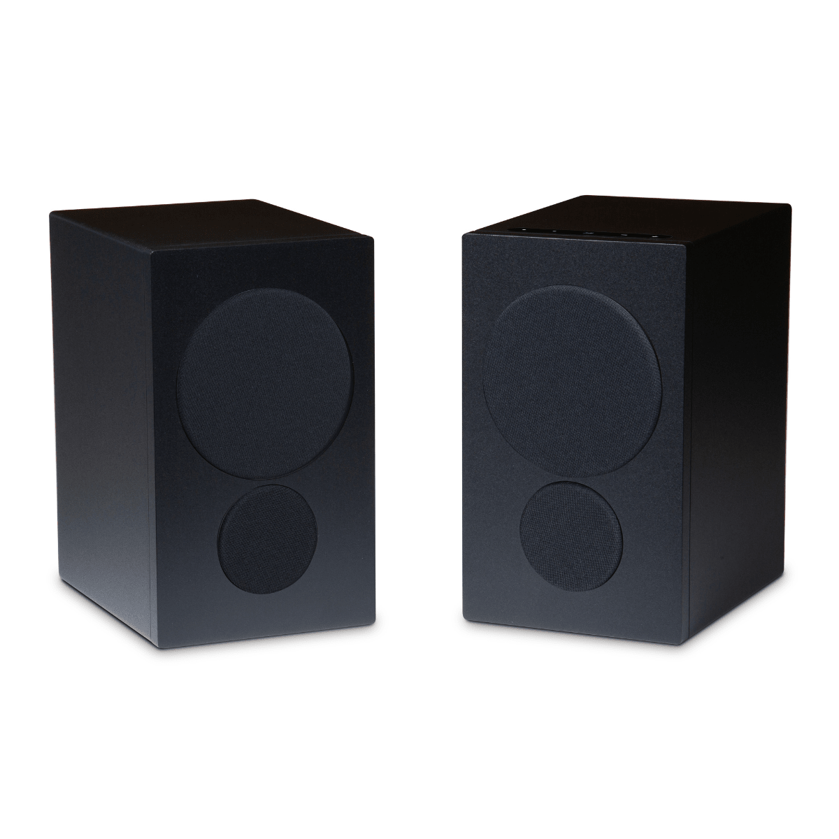pair of psb iq1 speakers in black with grilles
