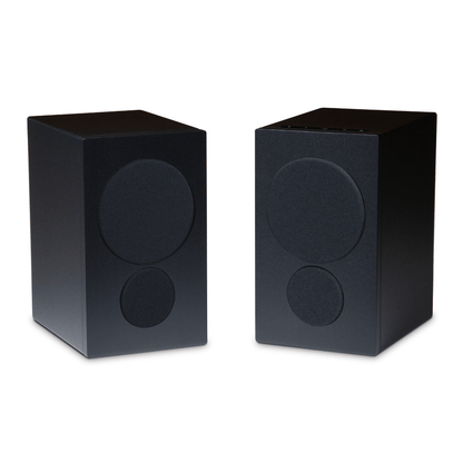 pair of psb iq1 speakers in black with grilles