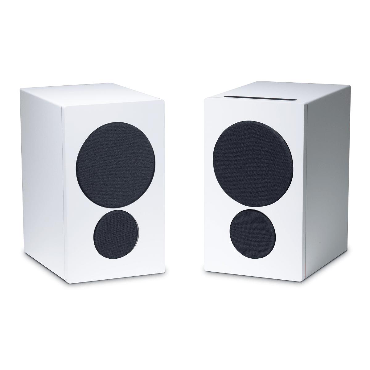 pair of psb iq1 speakers in white with grilles