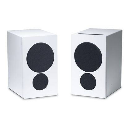 pair of psb iq1 speakers in white with grilles