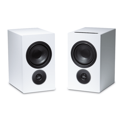 pair of psb iq1 speakers in white