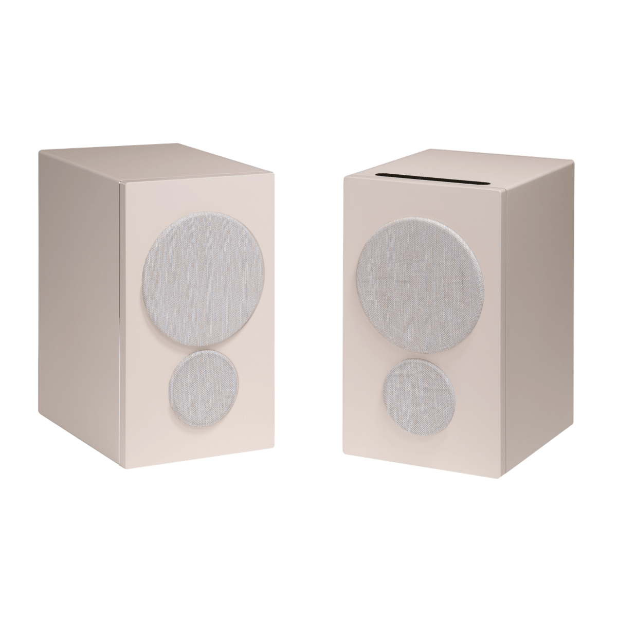 pair of psb iq2 speakers in beige with grilles