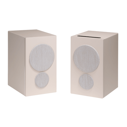 pair of psb iq2 speakers in beige with grilles