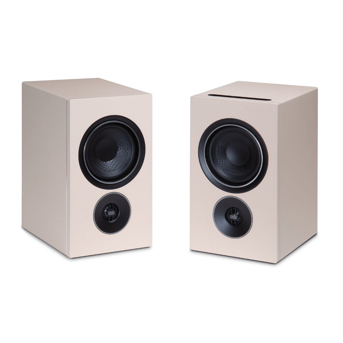 pair of psb iq2 speakers in beige